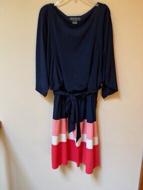 Jessica Howard Color Blocked Dress Tie Waist - Navy/Coral/White - Size 12